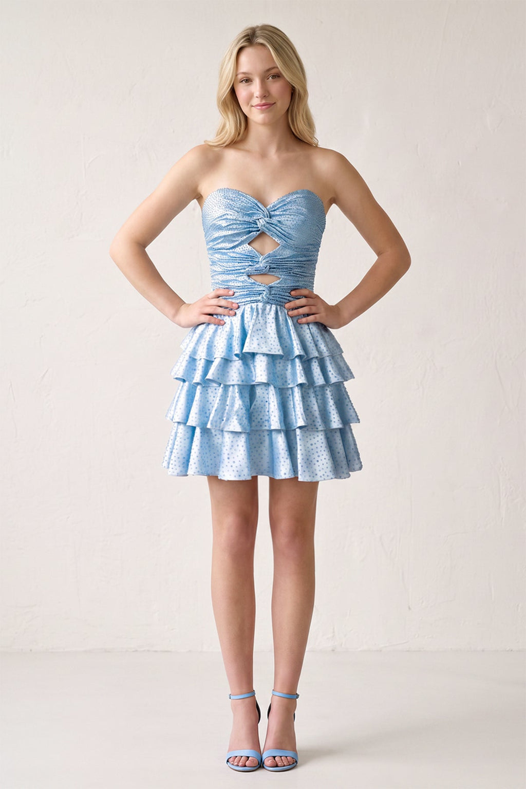 Sky Blue Sweetheart Cut-out A-Line Ruffled Satin Homecoming Dress With Beading