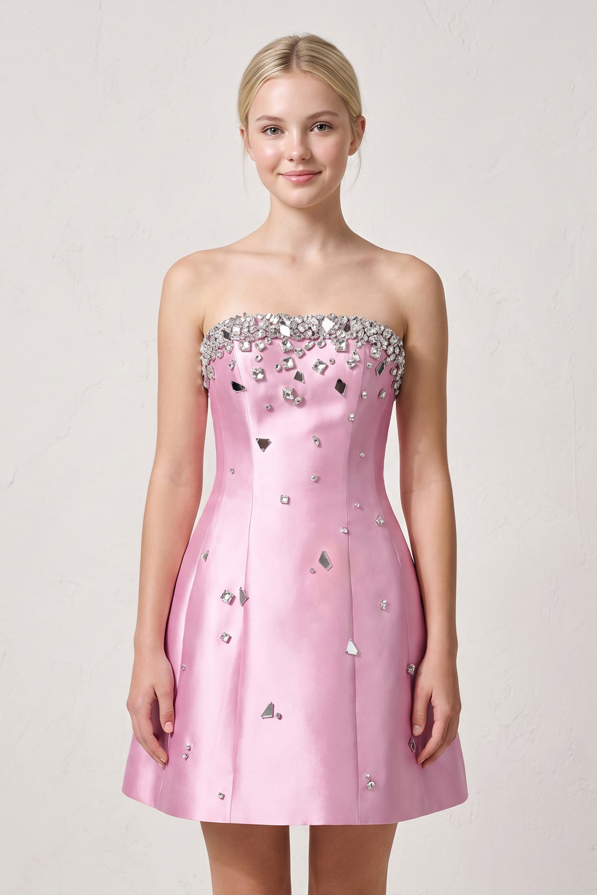 Candy Pink Rhinestones Satin Strapless A-Line Homecoming Dress