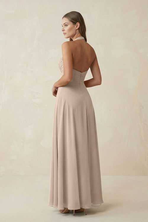 A-Line Pleated Chiffon V-Neck Bridesmaid Dress in Almond