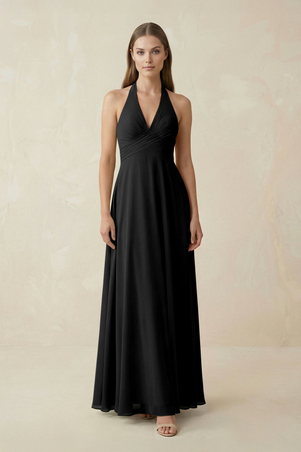 A-Line Pleated Chiffon V-Neck Bridesmaid Dress in Black