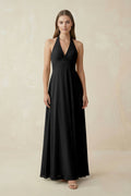 A-Line Pleated Chiffon V-Neck Bridesmaid Dress in Black