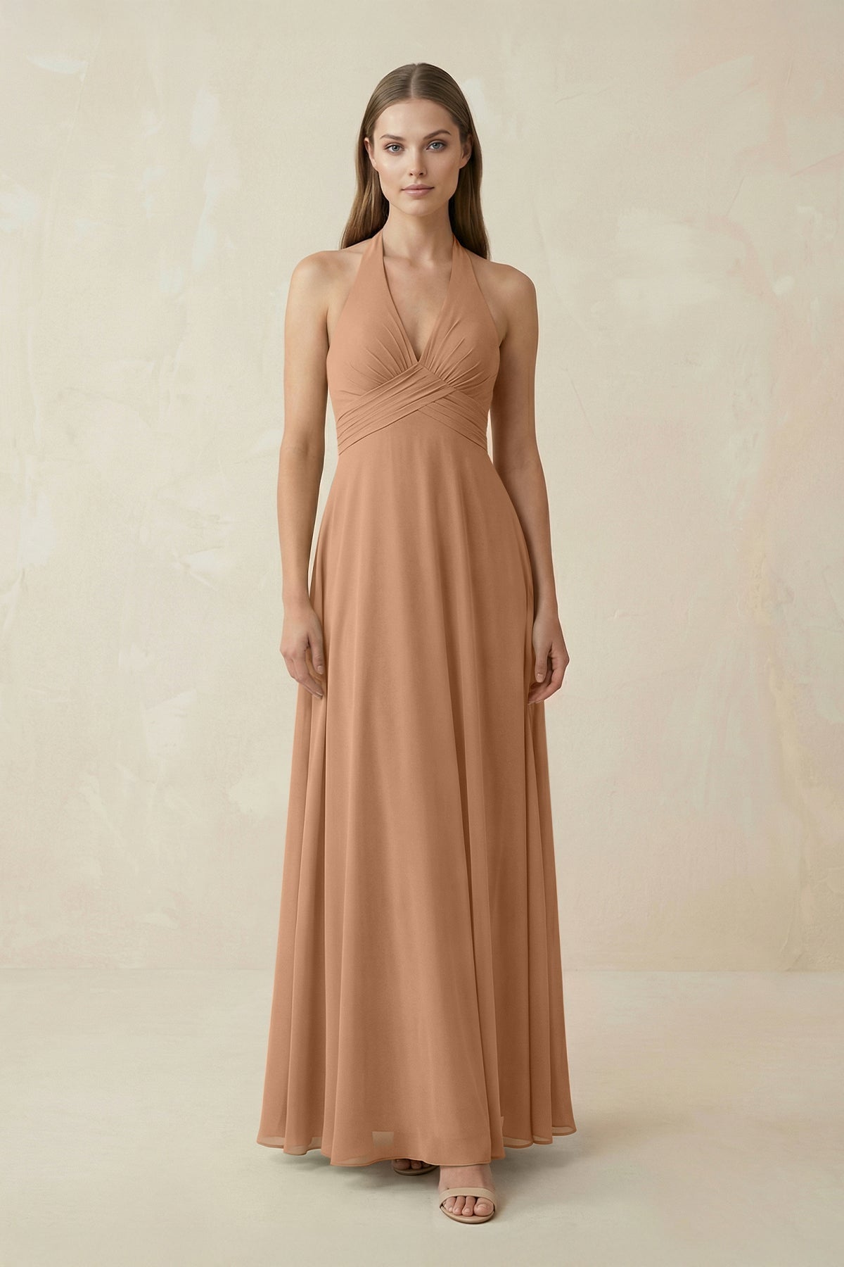 A-Line Pleated Chiffon V-Neck Bridesmaid Dress in Bronzer