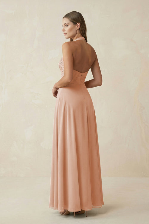 A-Line Pleated Chiffon V-Neck Bridesmaid Dress in Champagne Rose