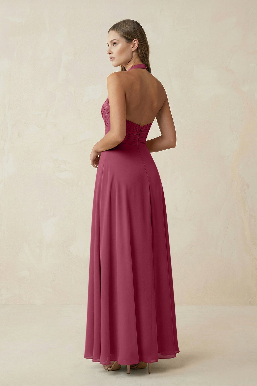 A-Line Pleated Chiffon V-Neck Bridesmaid Dress in Desert Rose