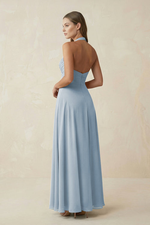 A-Line Pleated Chiffon V-Neck Bridesmaid Dress in Dusty Blue