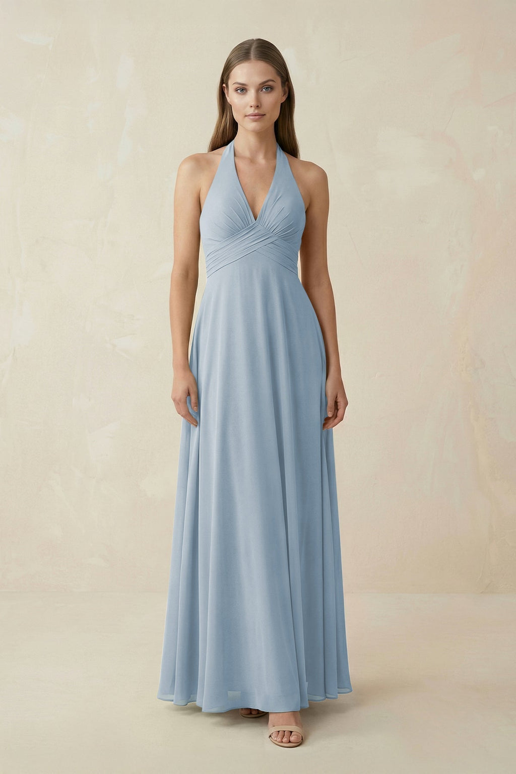 A-Line Pleated Chiffon V-Neck Bridesmaid Dress in Dusty Blue