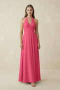 A-Line Pleated Chiffon V-Neck Bridesmaid Dress in Fuchsia