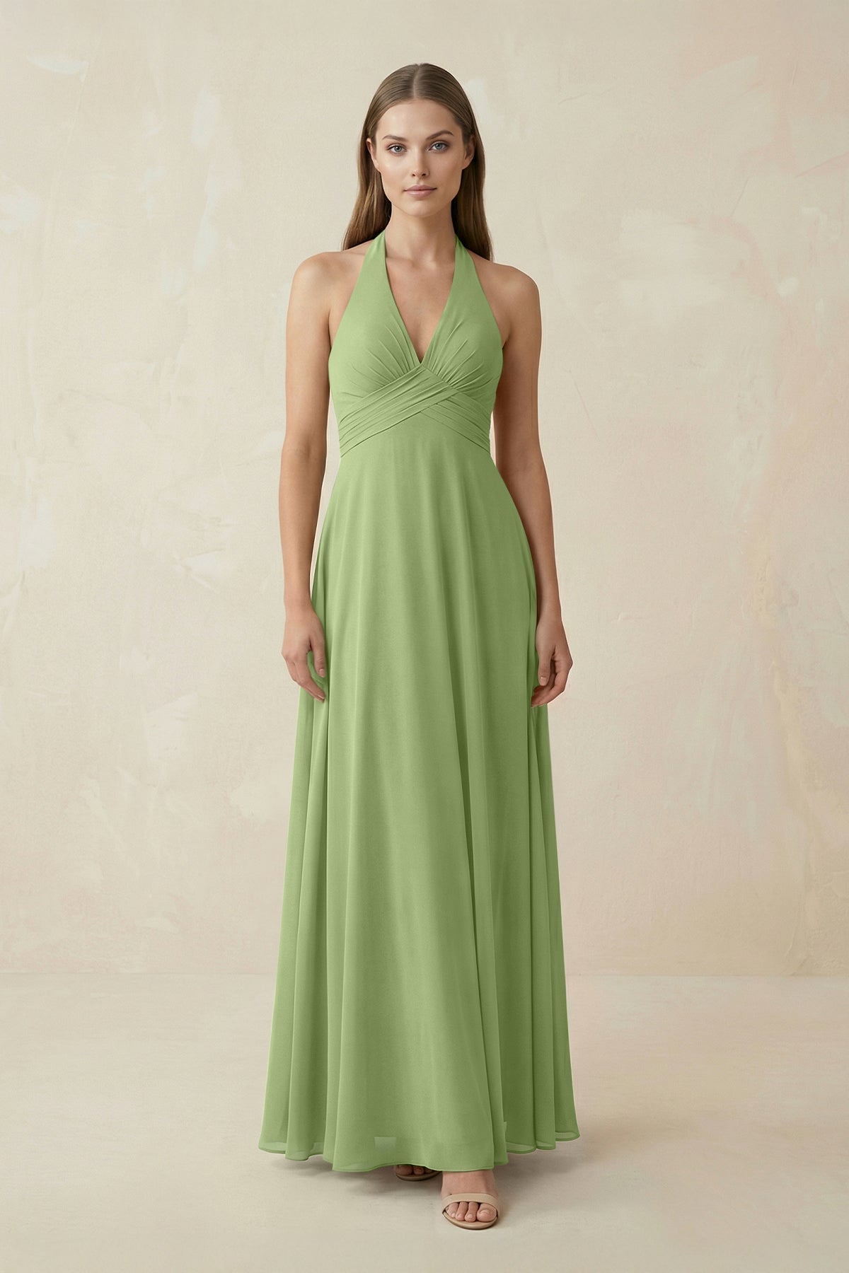 A-Line Pleated Chiffon V-Neck Bridesmaid Dress in Matcha