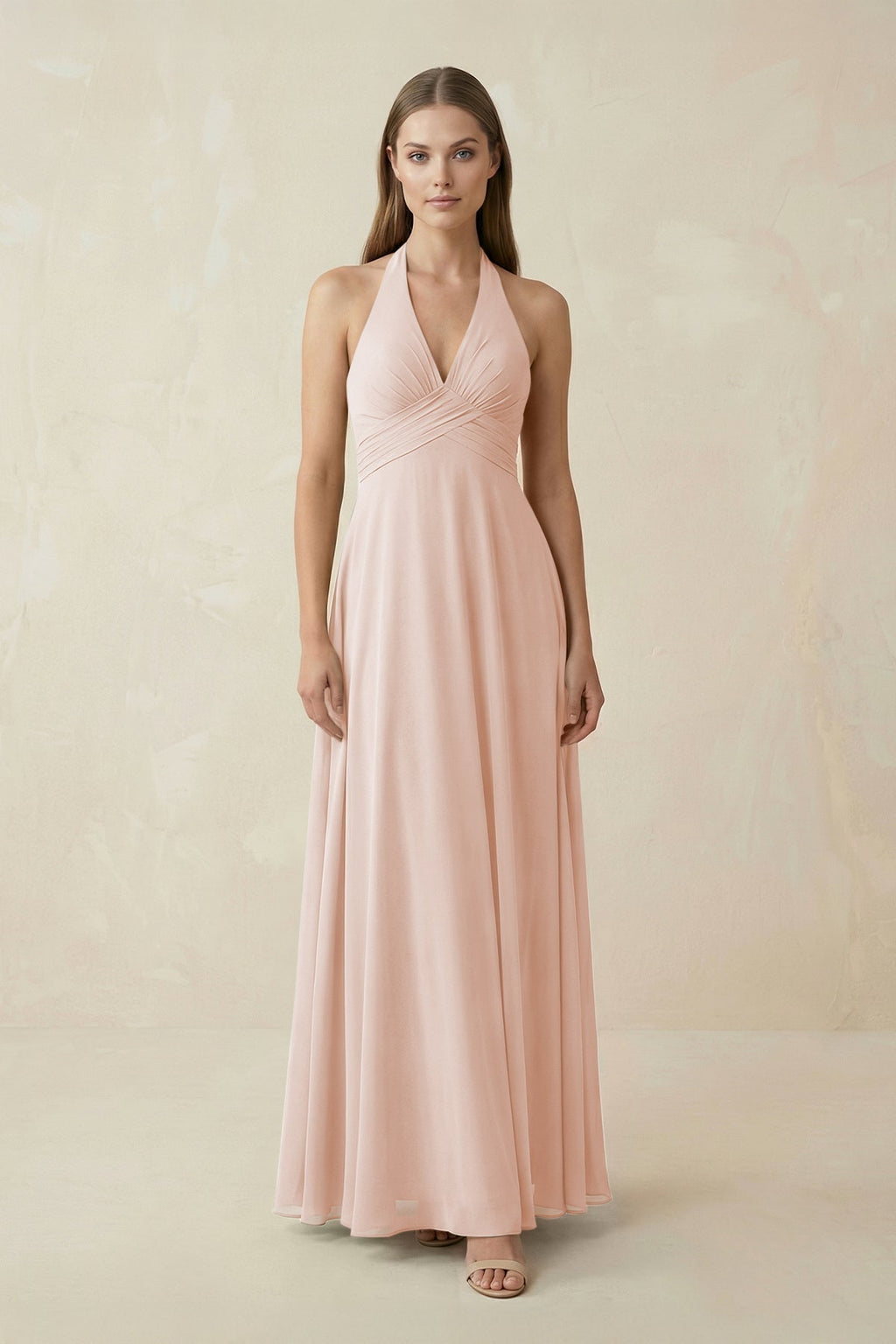 A-Line Pleated Chiffon V-Neck Bridesmaid Dress in Pale Blush