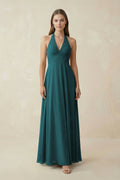 A-Line Pleated Chiffon V-Neck Bridesmaid Dress in Pine