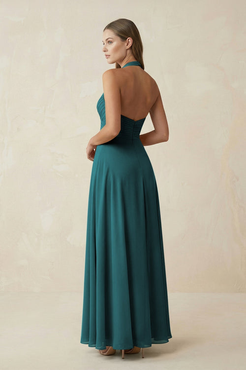A-Line Pleated Chiffon V-Neck Bridesmaid Dress in Pine