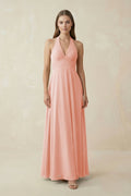 A-Line Pleated Chiffon V-Neck Bridesmaid Dress in Rose Petal