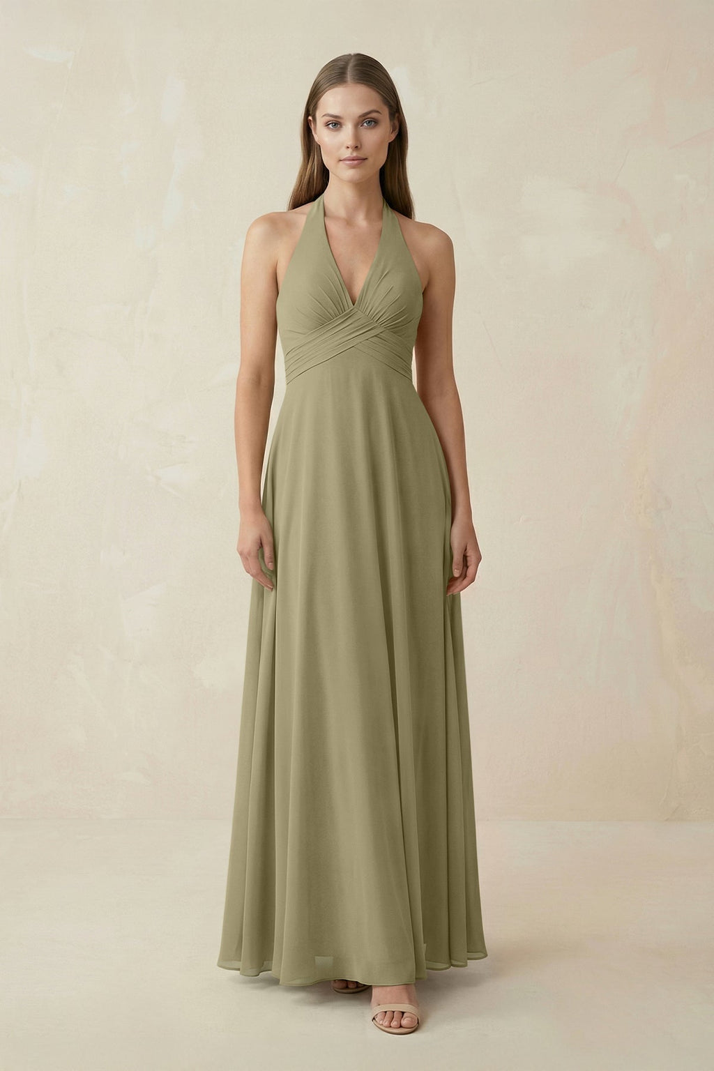 A-Line Pleated Chiffon V-Neck Bridesmaid Dress in Thyme