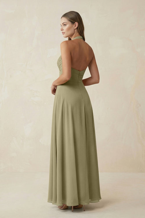 A-Line Pleated Chiffon V-Neck Bridesmaid Dress in Thyme