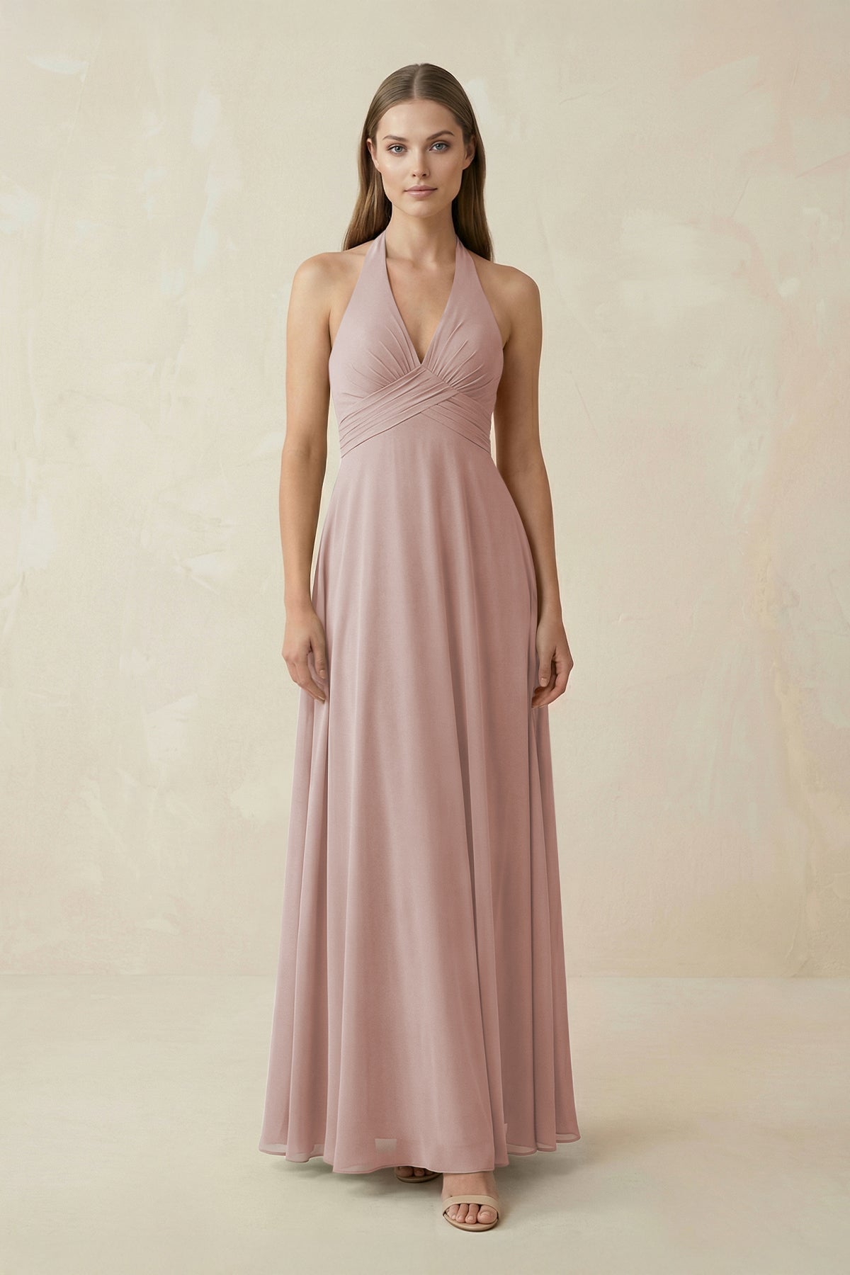 A-Line Pleated Chiffon V-Neck Bridesmaid Dress in Toffee