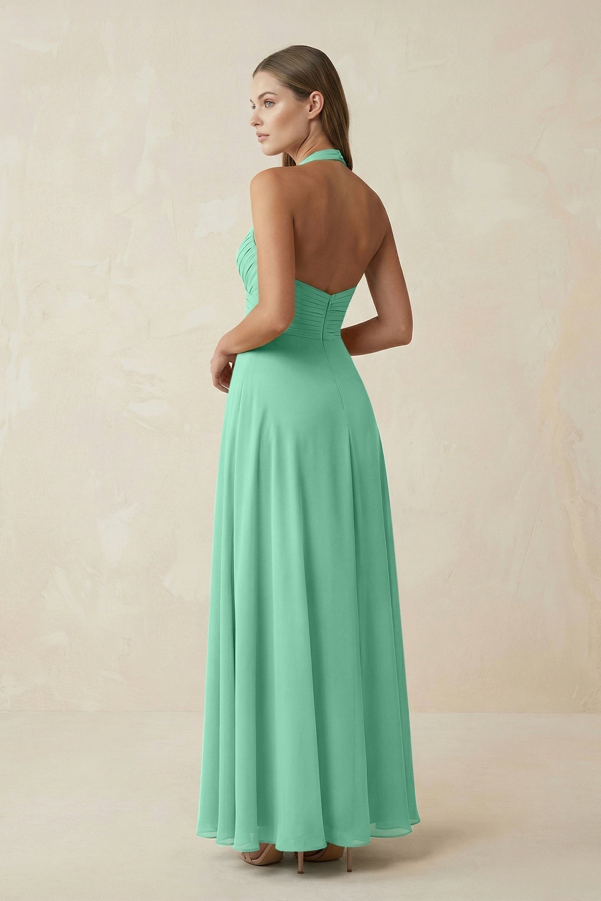A-Line Pleated Chiffon V-Neck Bridesmaid Dress in Turquoise