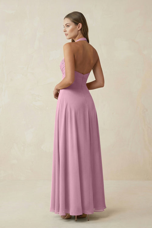 A-Line Pleated Chiffon V-Neck Bridesmaid Dress in Vintage Mauve
