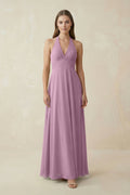 A-Line Pleated Chiffon V-Neck Bridesmaid Dress in Wisteria