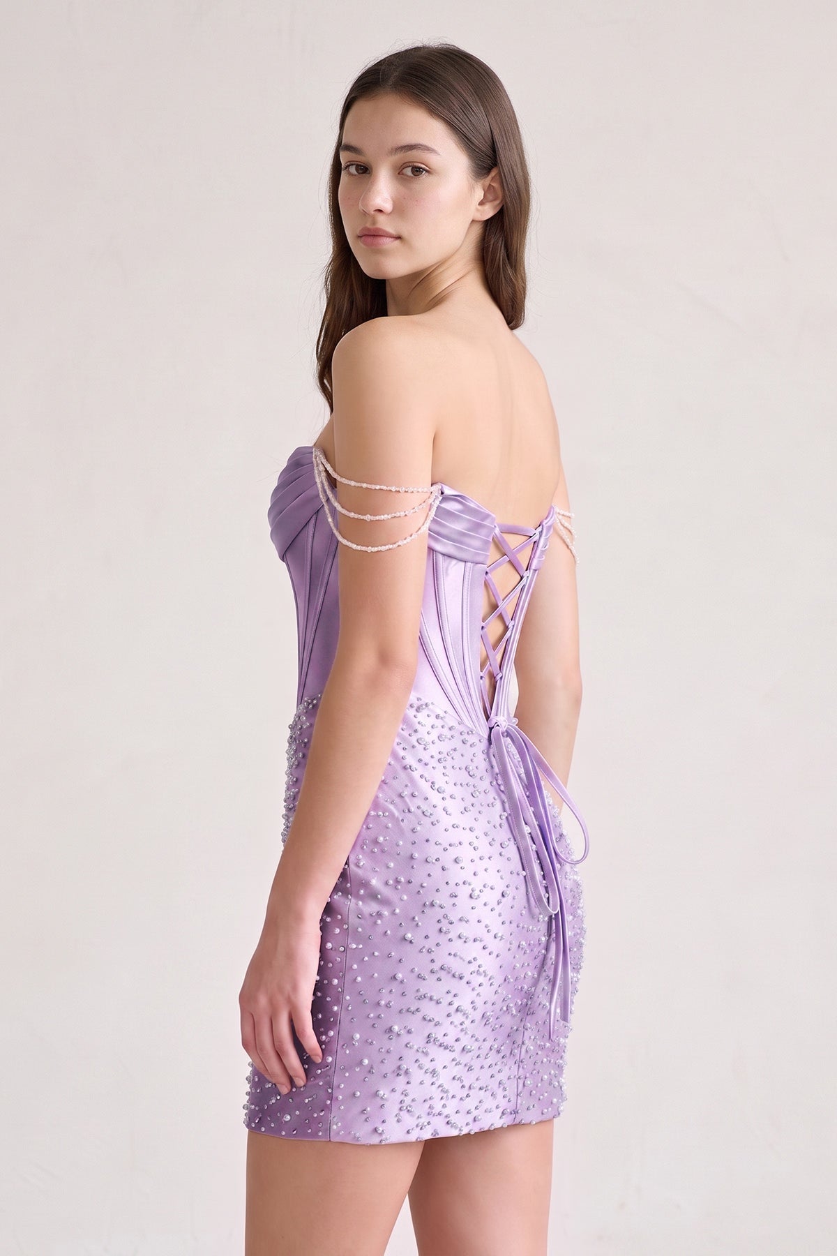Aqua Off-the-Shoulder Satin Sheath Corset Homecoming Dress With Pearl