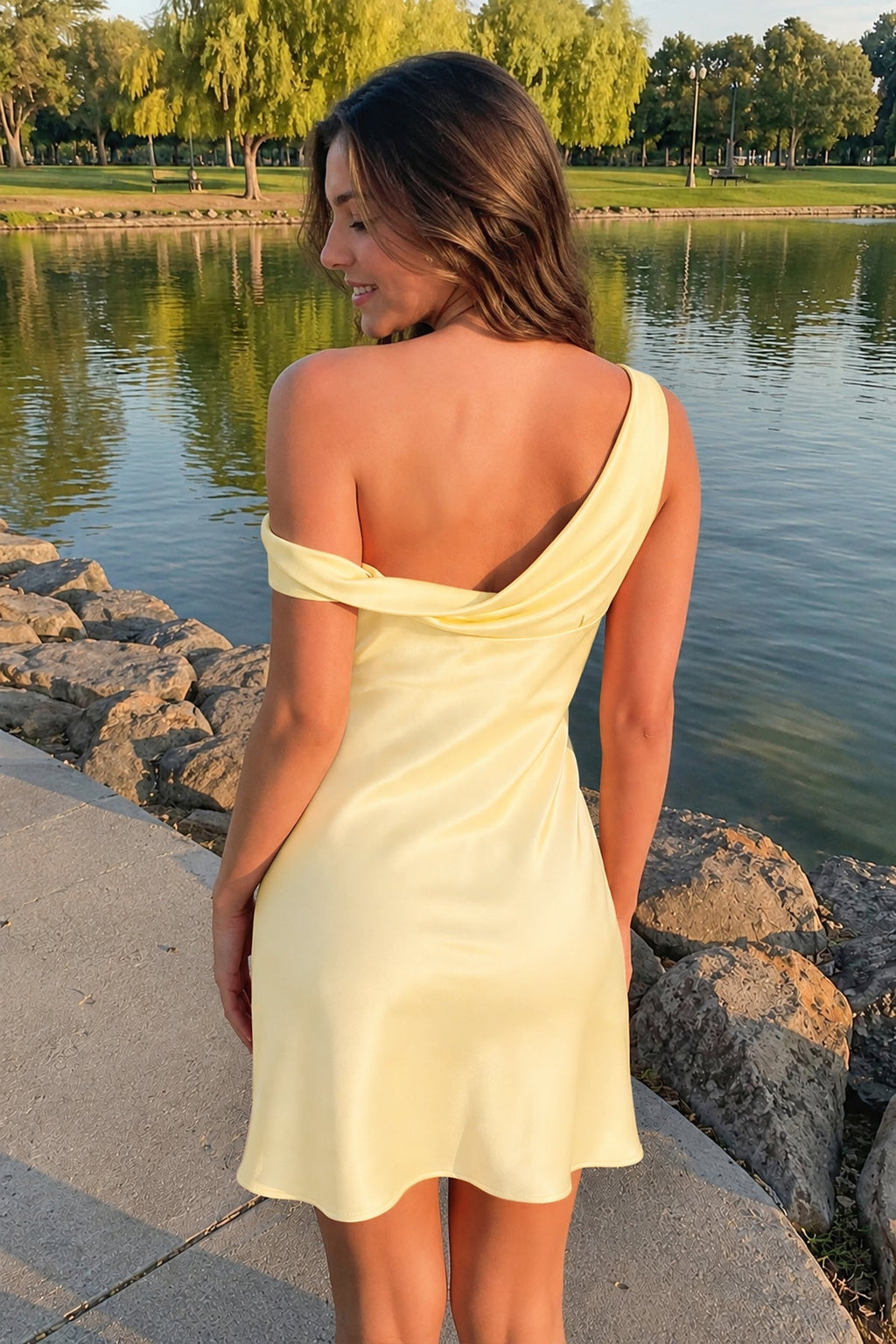 Aqua One-Shoulder Satin Ruched Sheath Homecoming Dress