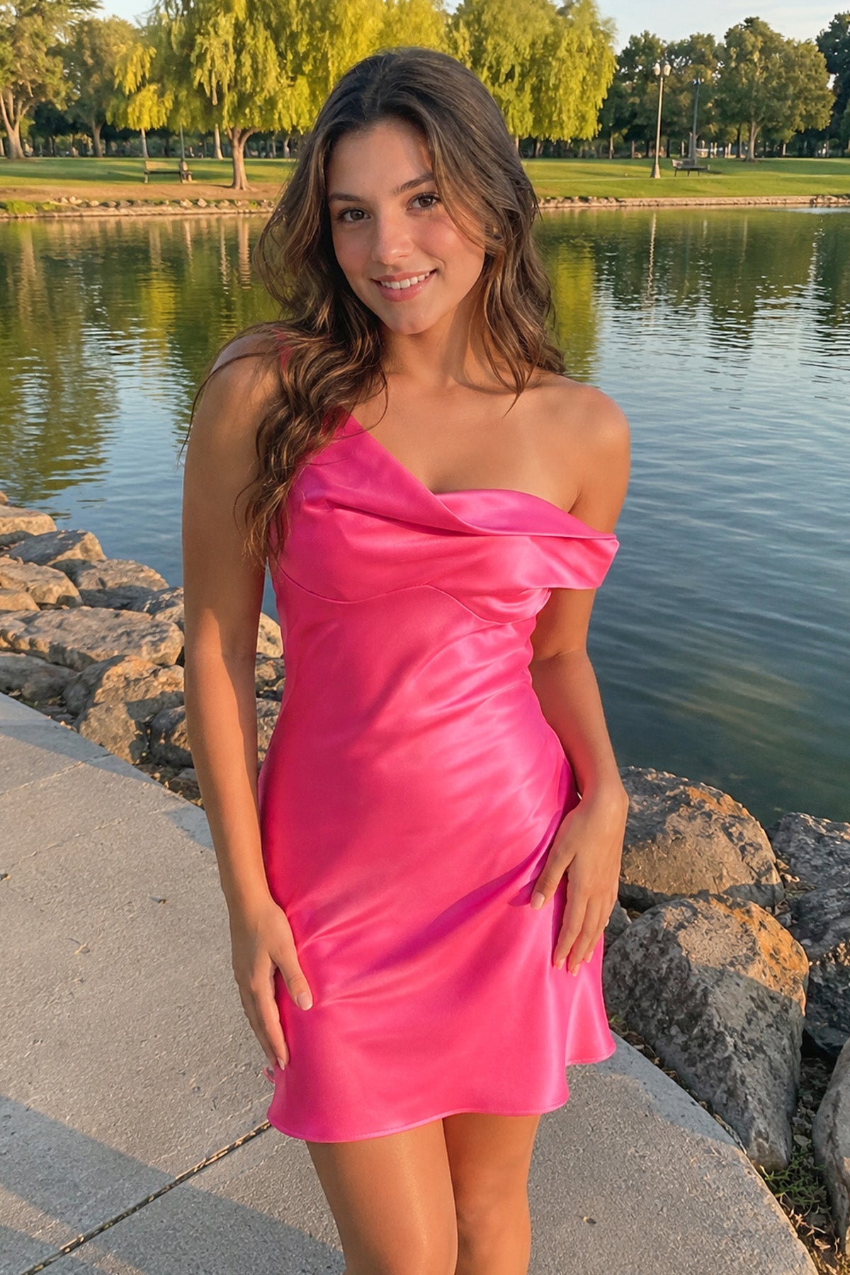 Aqua One-Shoulder Satin Ruched Sheath Homecoming Dress