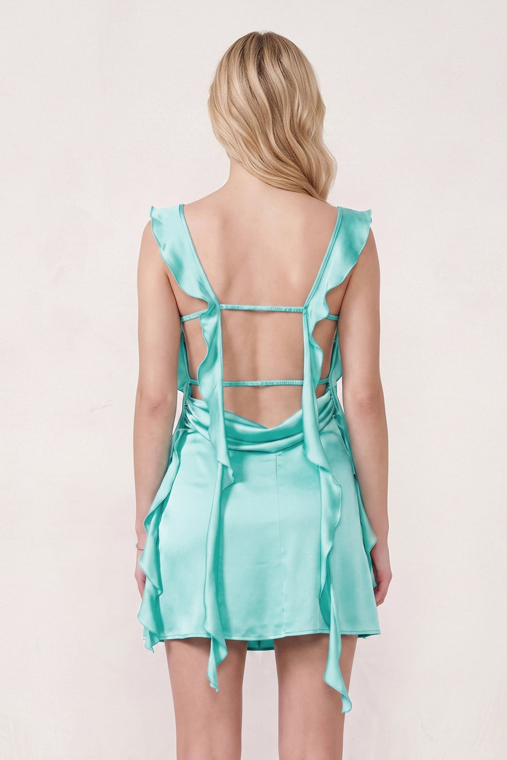 Aqua Ruffled Sheath Square Neck Satin Ruched Homecoming Dress