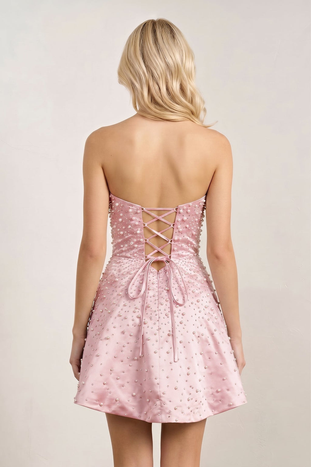 Aqua Satin A-Line Strapless Pearl Short Homecoming Dress