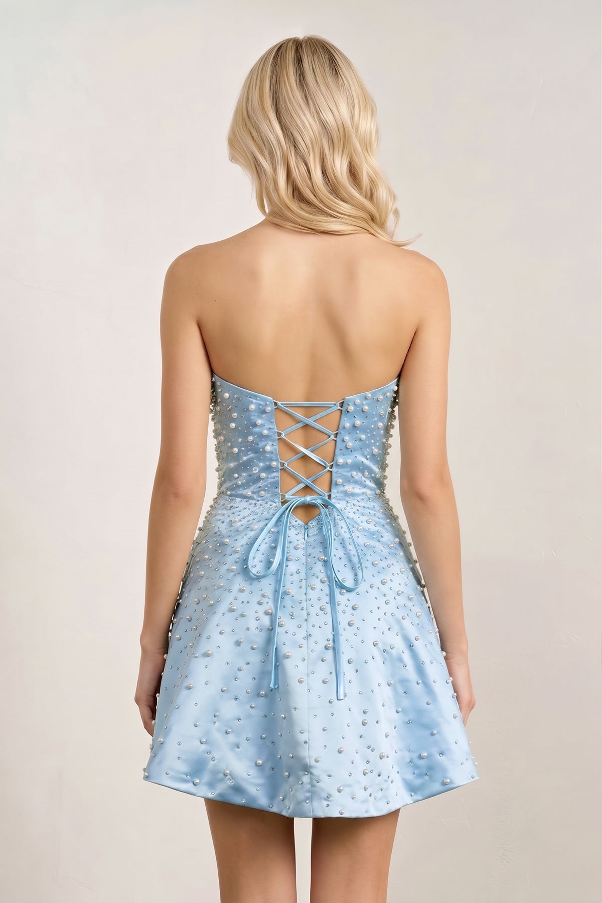 Aqua Satin A-Line Strapless Pearl Short Homecoming Dress