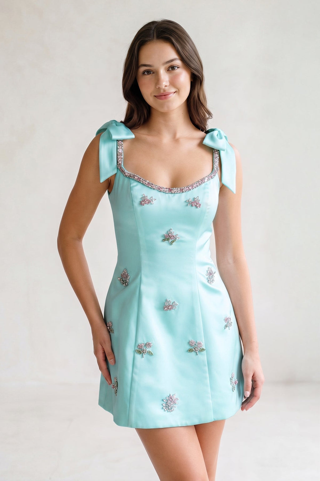 White Scoop Neck A-Line Satin Beaded Homecoming Dress with Bow