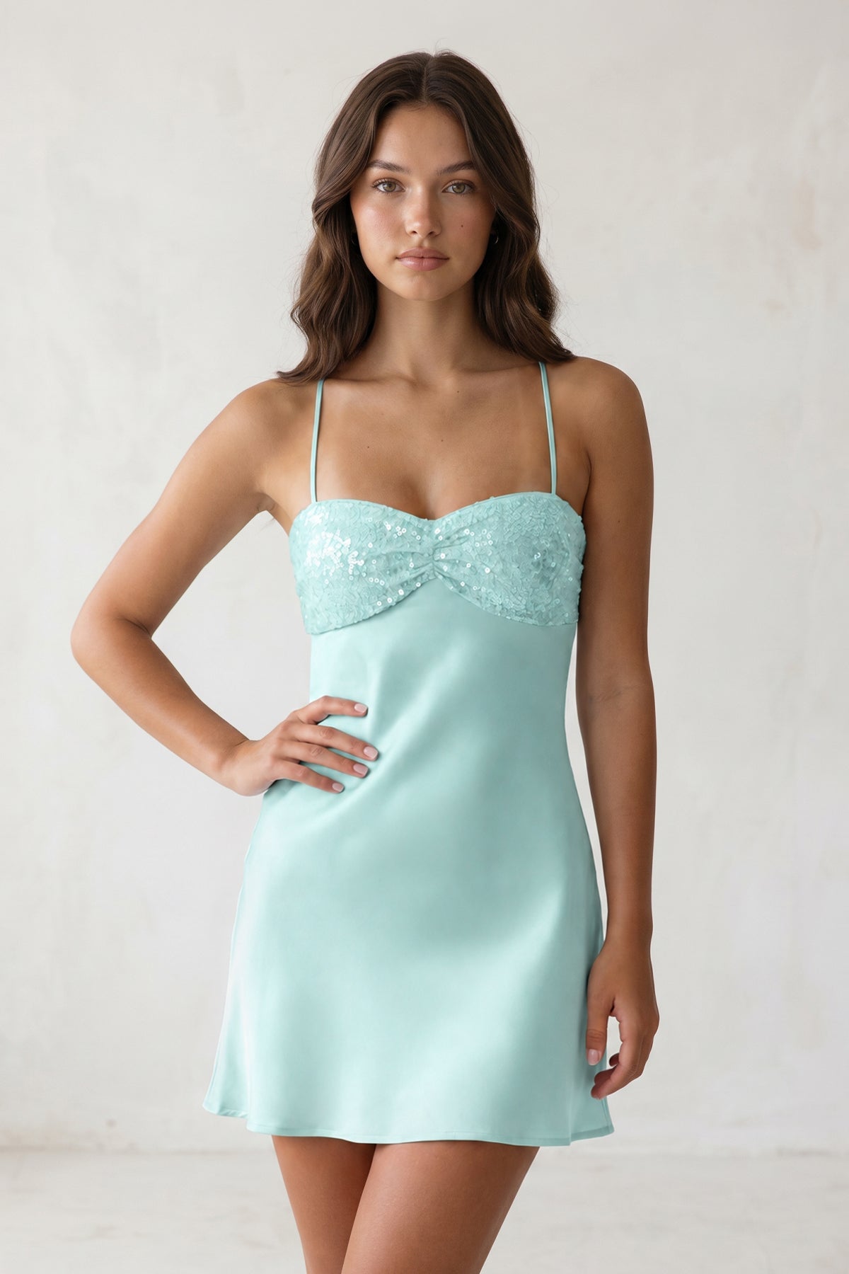 Sky Blue Spaghetti Straps Sheath Satin Homecoming Dress With Sequins