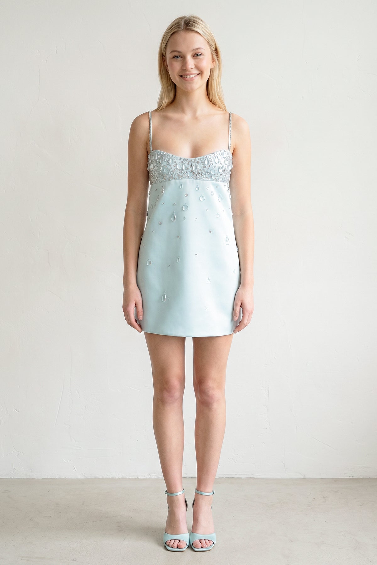 Aqua Spaghetti Straps Sheath Satin Homecoming Dress With Beading