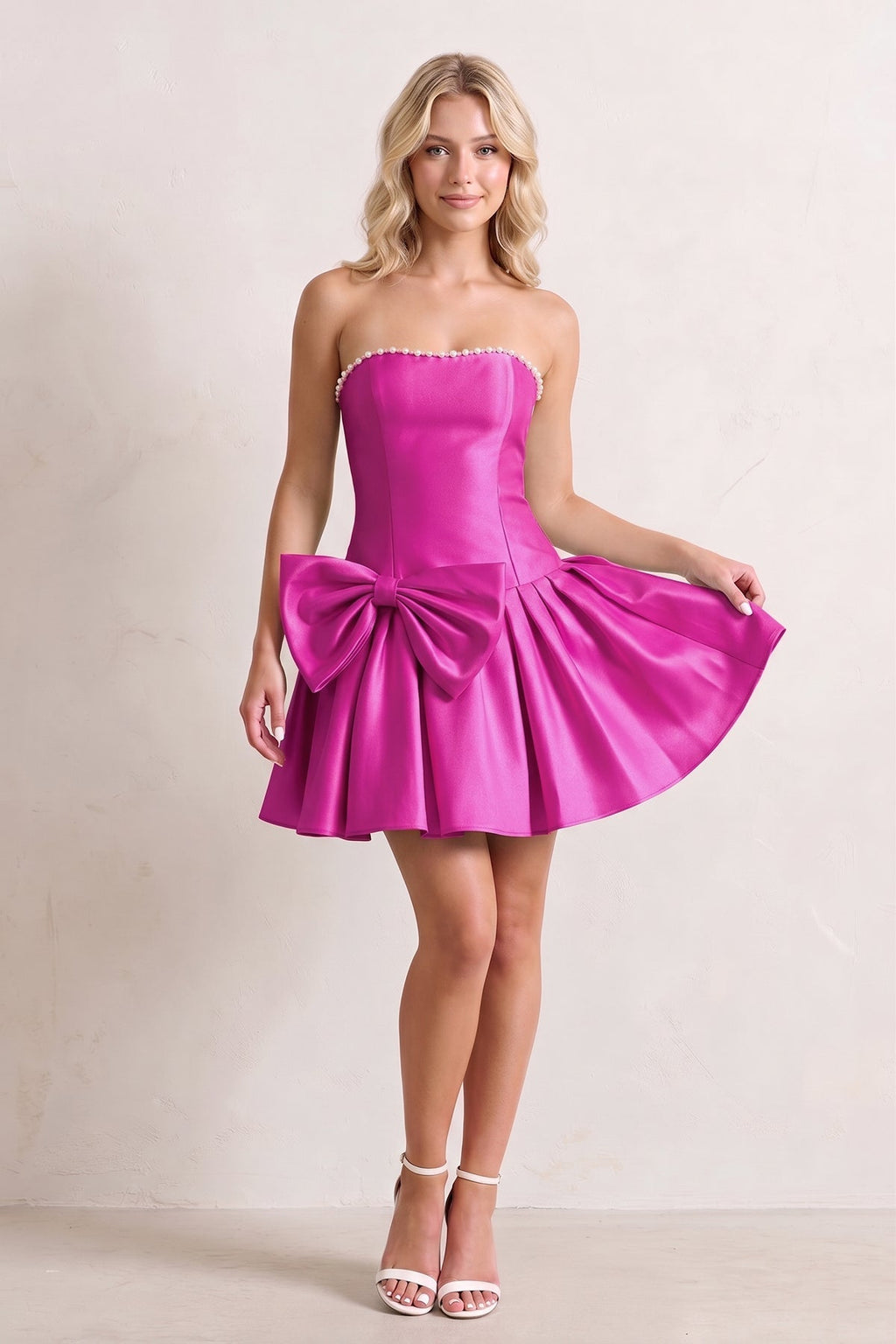 Aqua Strapless A-Line Satin Ruched Bow Homecoming Dress With Pearl