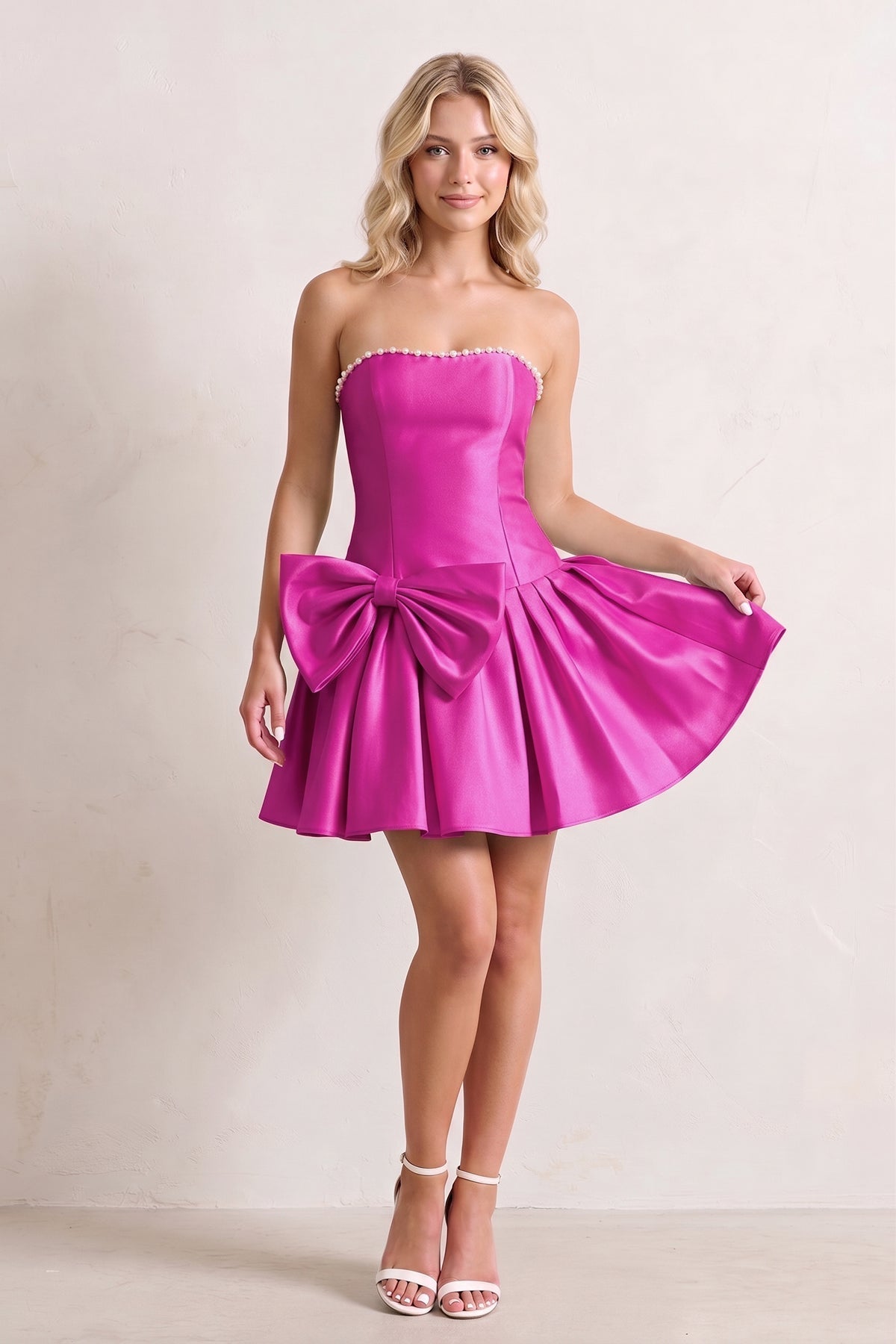 Aqua Strapless A-Line Satin Ruched Bow Homecoming Dress With Pearl