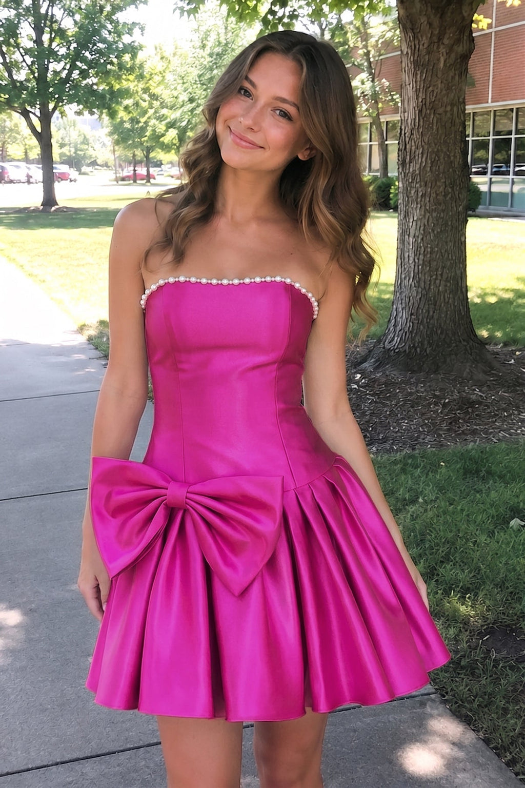 Aqua Strapless A-Line Satin Ruched Bow Homecoming Dress With Pearl