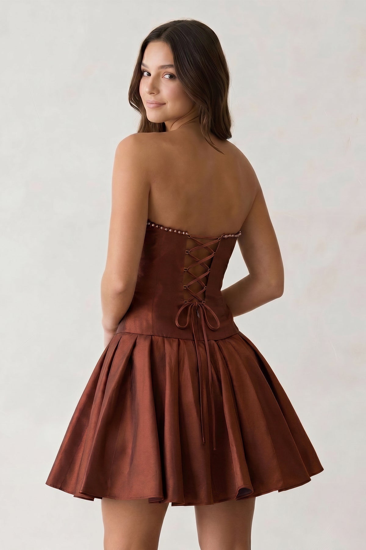 Aqua Strapless A-Line Satin Ruched Bow Homecoming Dress With Pearl