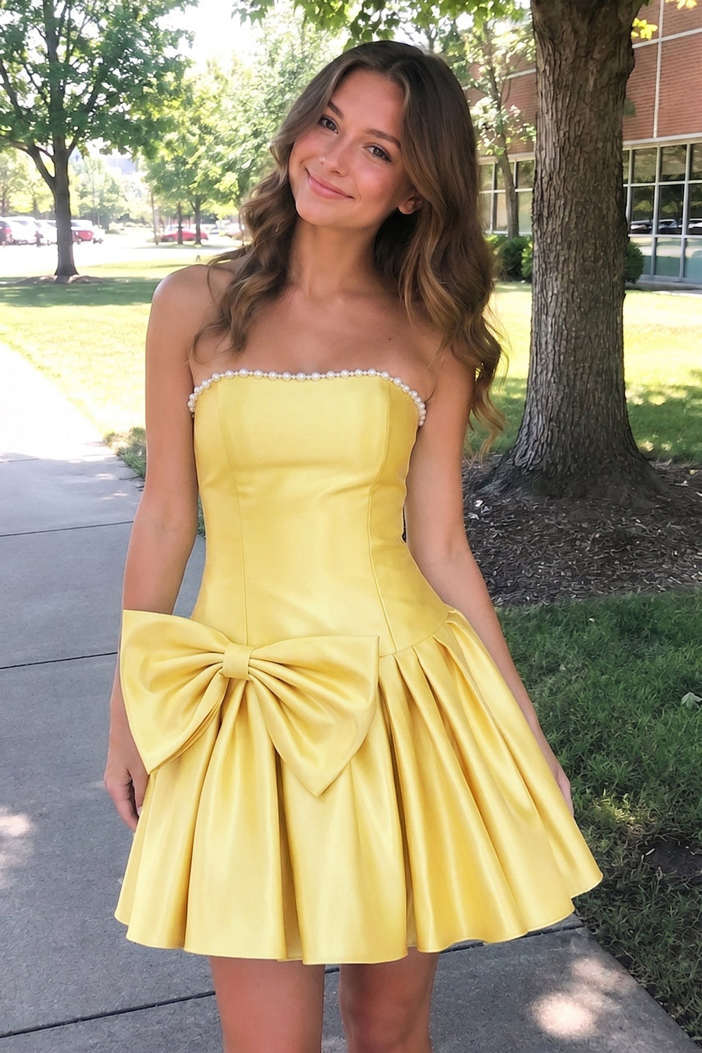 Aqua Strapless A-Line Satin Ruched Bow Homecoming Dress With Pearl