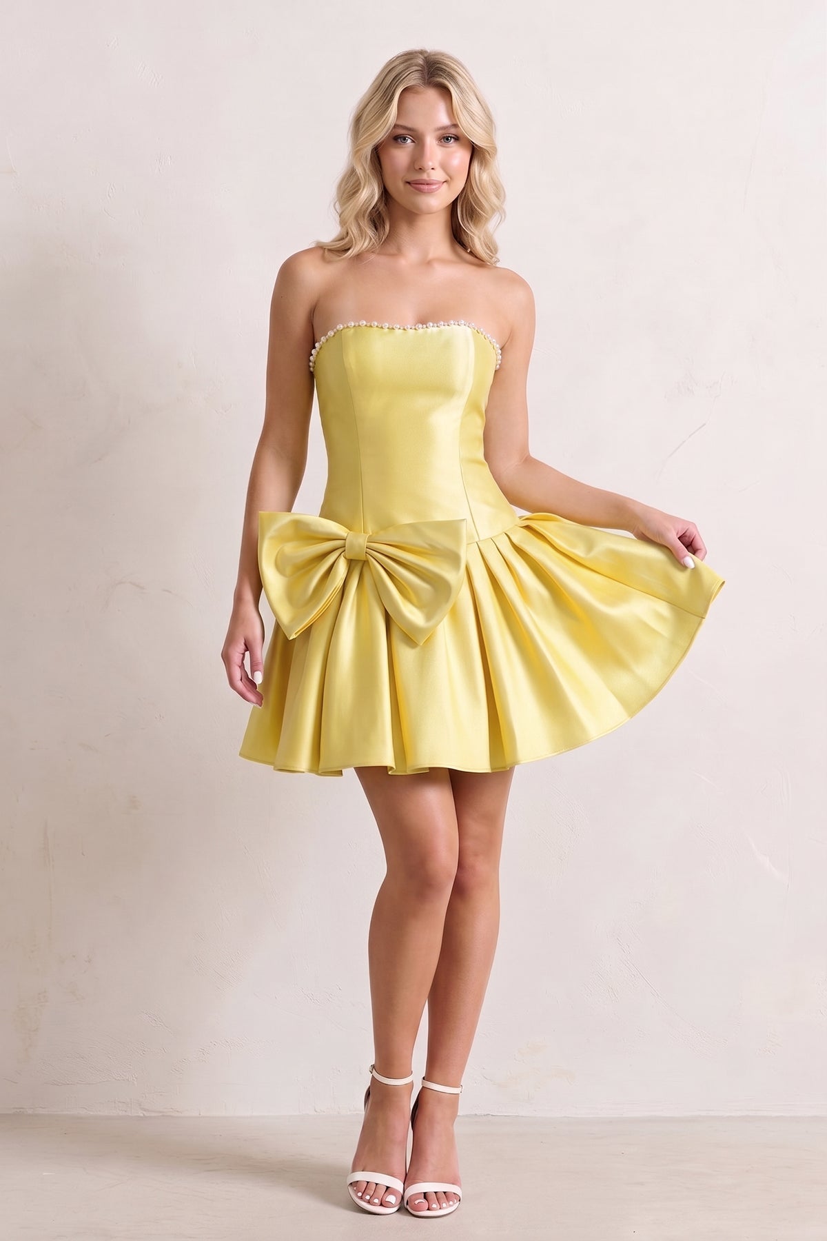 Aqua Strapless A-Line Satin Ruched Bow Homecoming Dress With Pearl