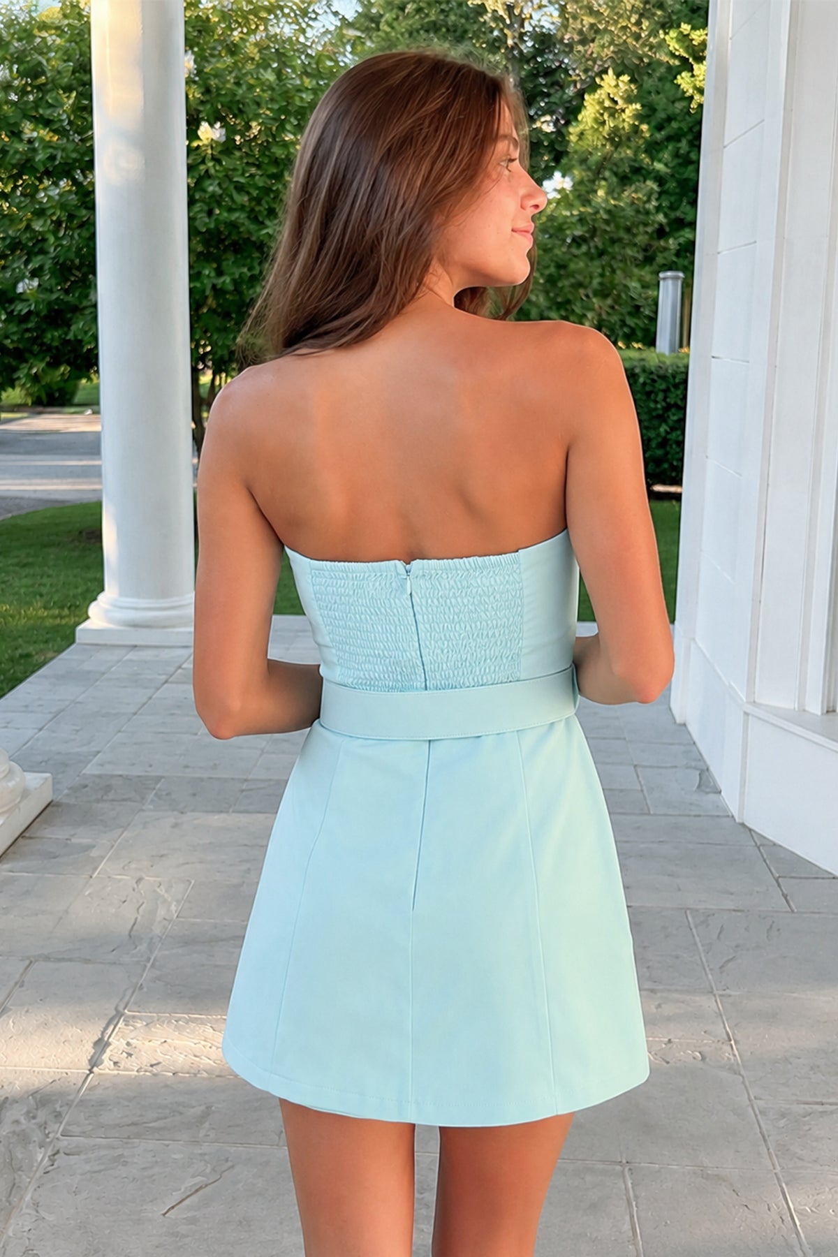 Aqua Strapless Sheath Satin Homecoming Dress with Belt