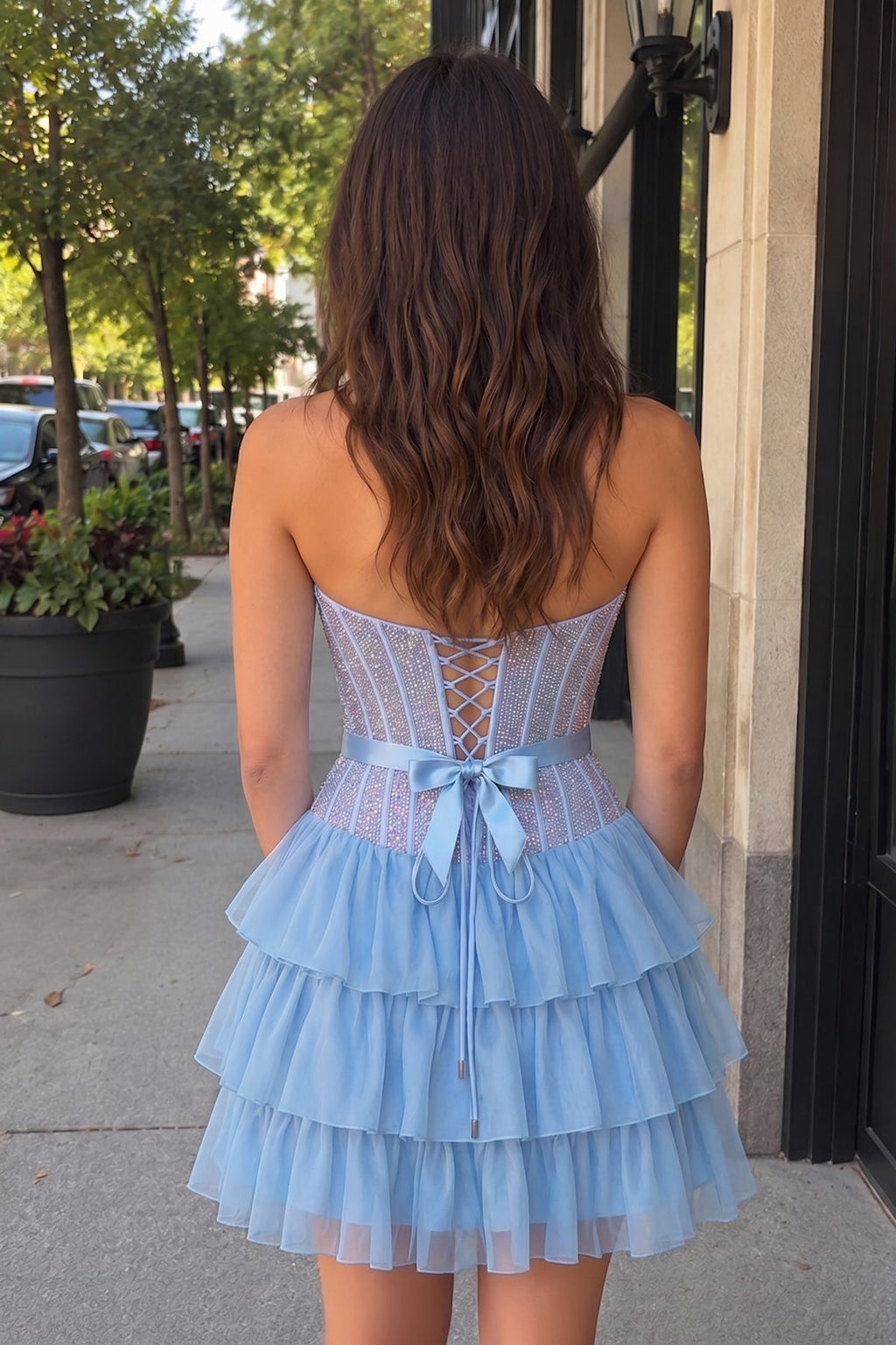 Black Beaded Corset Strapless Ruffled A-Line Homecoming Dress