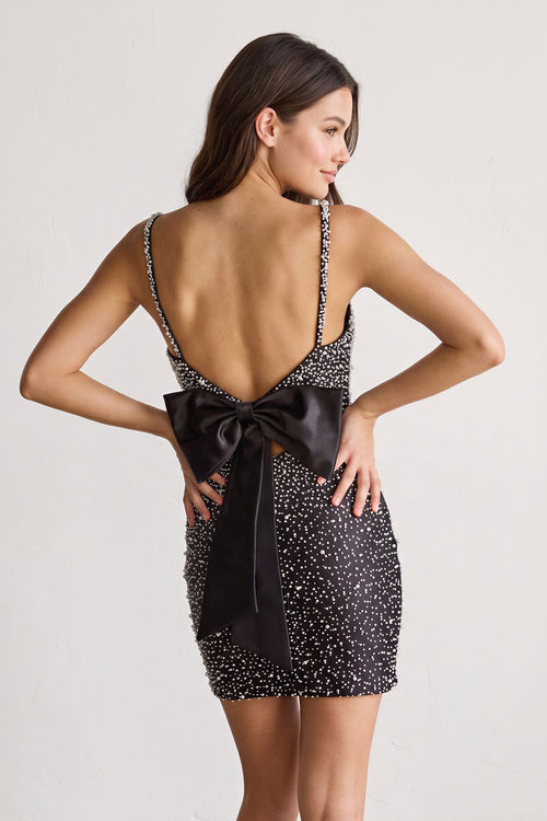 Black Scoop Neck Sheath Satin Beaded Homecoming Dress