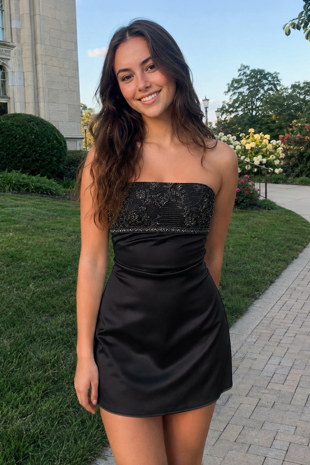 Aqua Strapless Appliqued Satin Sheath Homecoming Dress