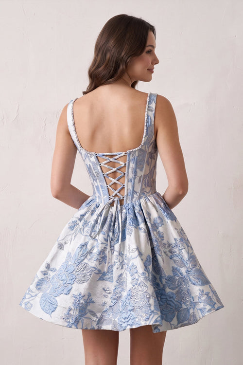 Blue A-Line Square Neck Jacquard Corset Homecoming Dress With Pearl