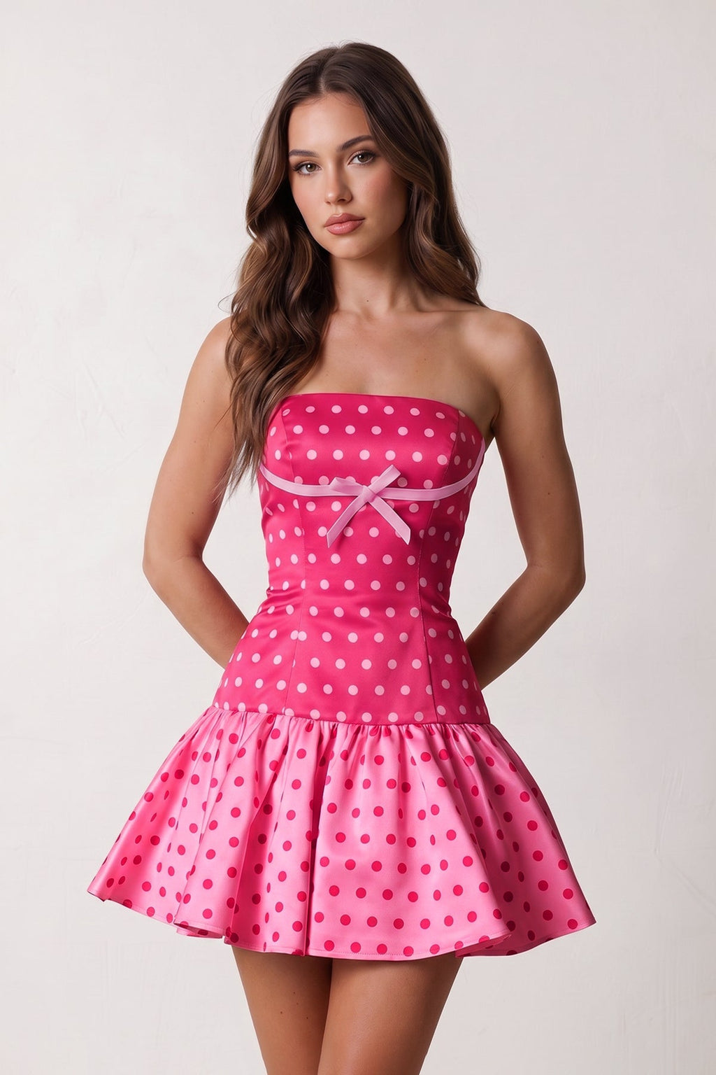 Blue Polka Dots Strapless A-Line Satin Homecoming Dress With Bow