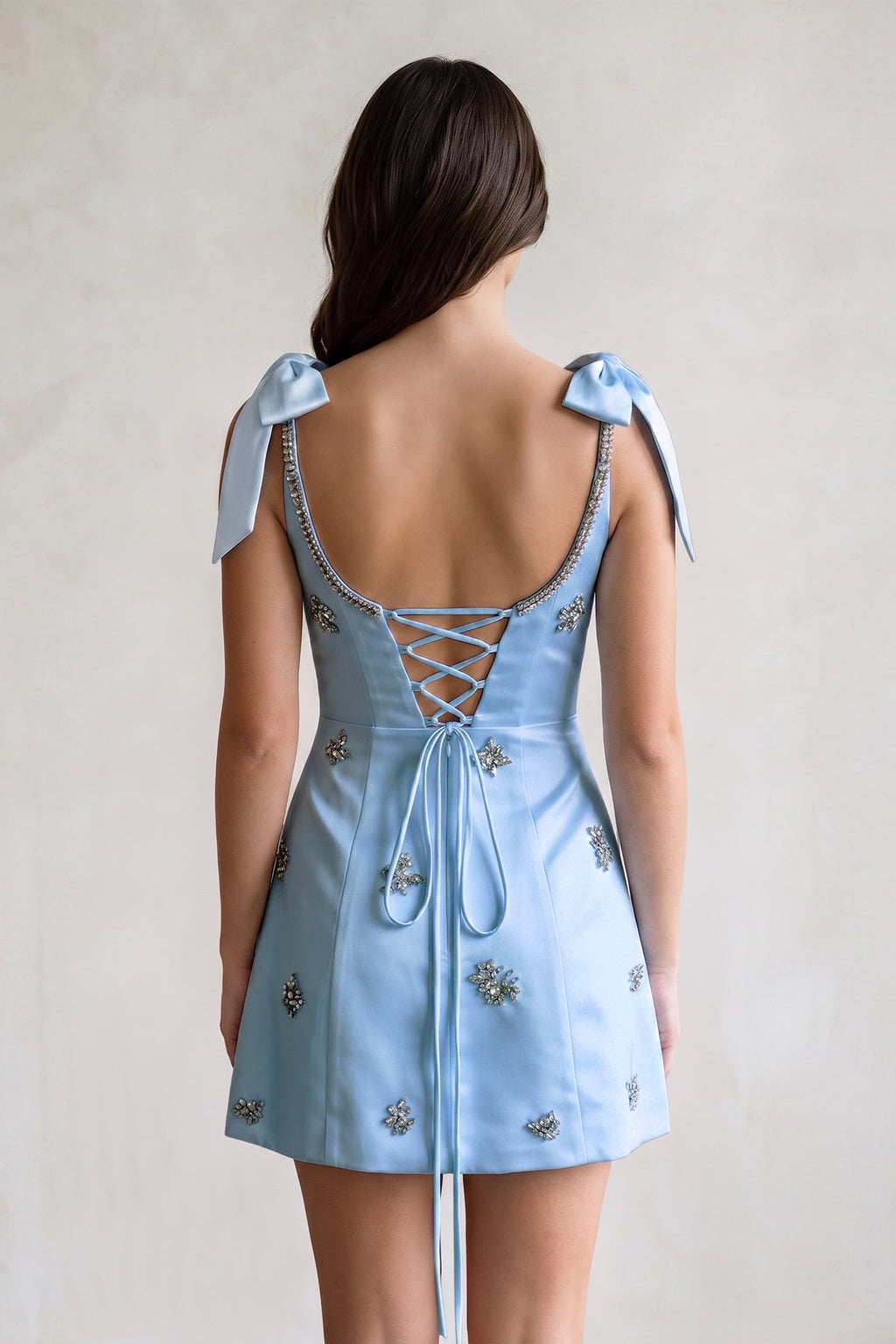 White Scoop Neck A-Line Satin Beaded Homecoming Dress with Bow