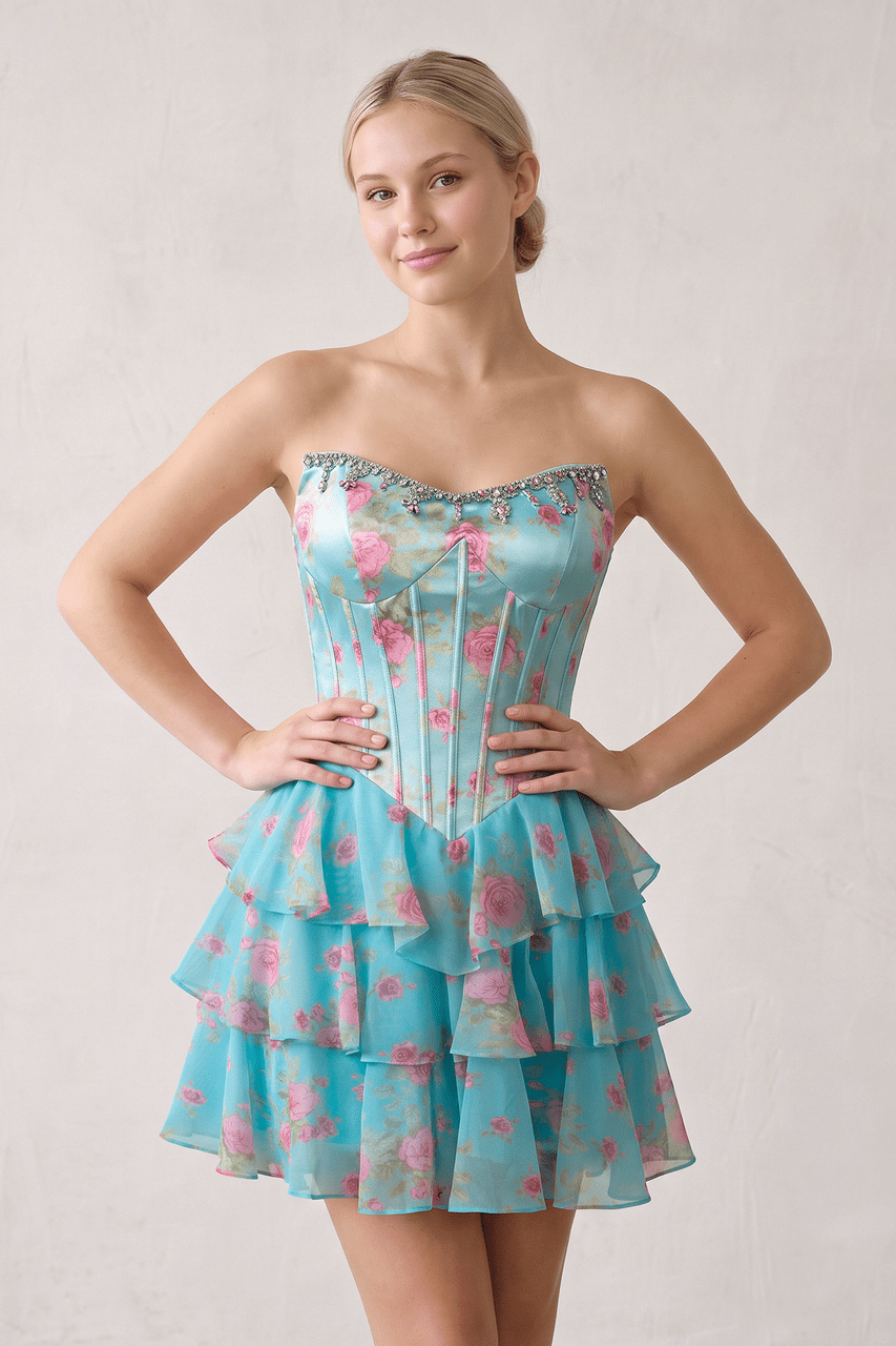 Pink Strapless A-Line Floral Corset Homecoming Dress