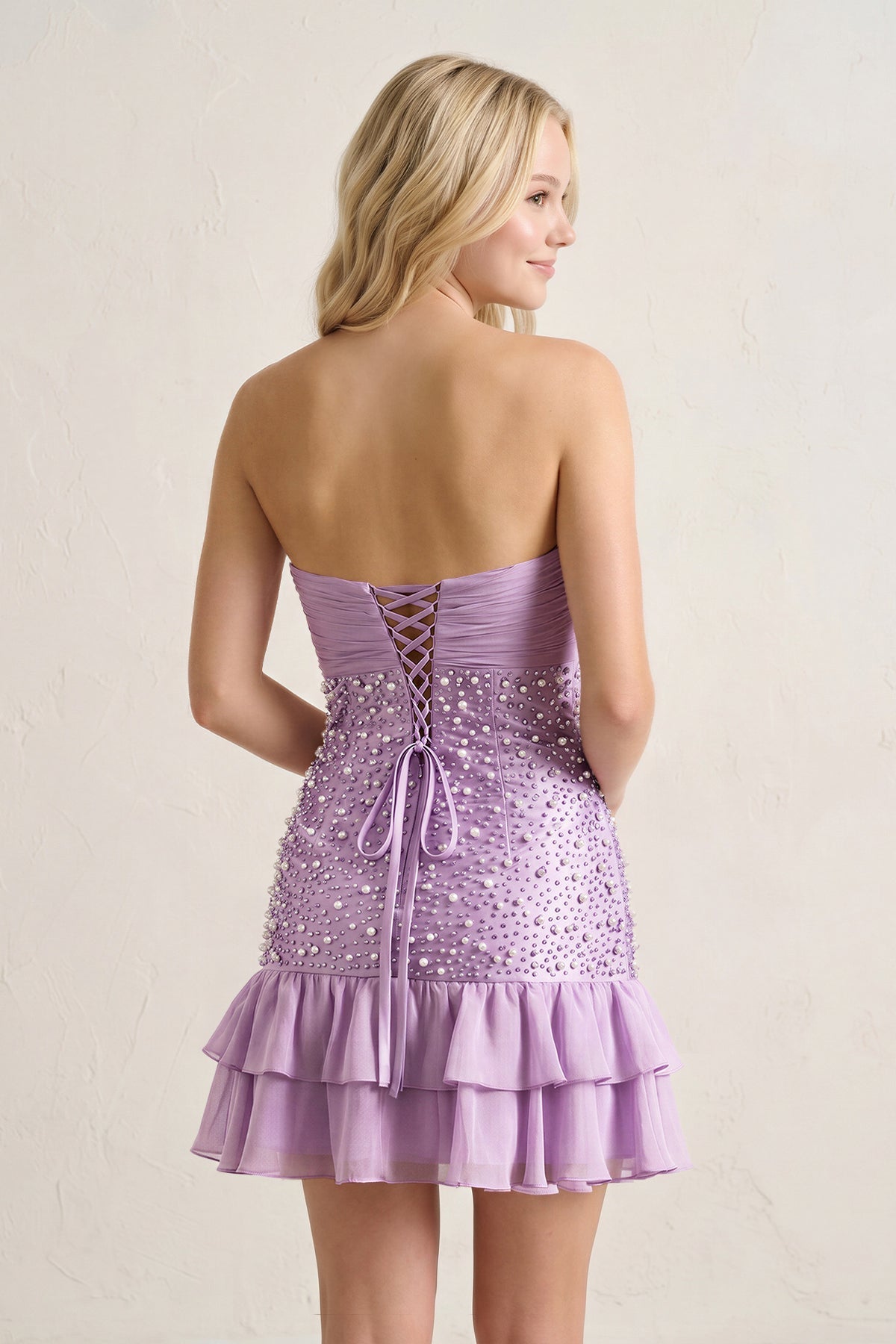 Blue Strapless Metallic Satin Ruffled A-Line Homecoming Dress With Pearl and Bow