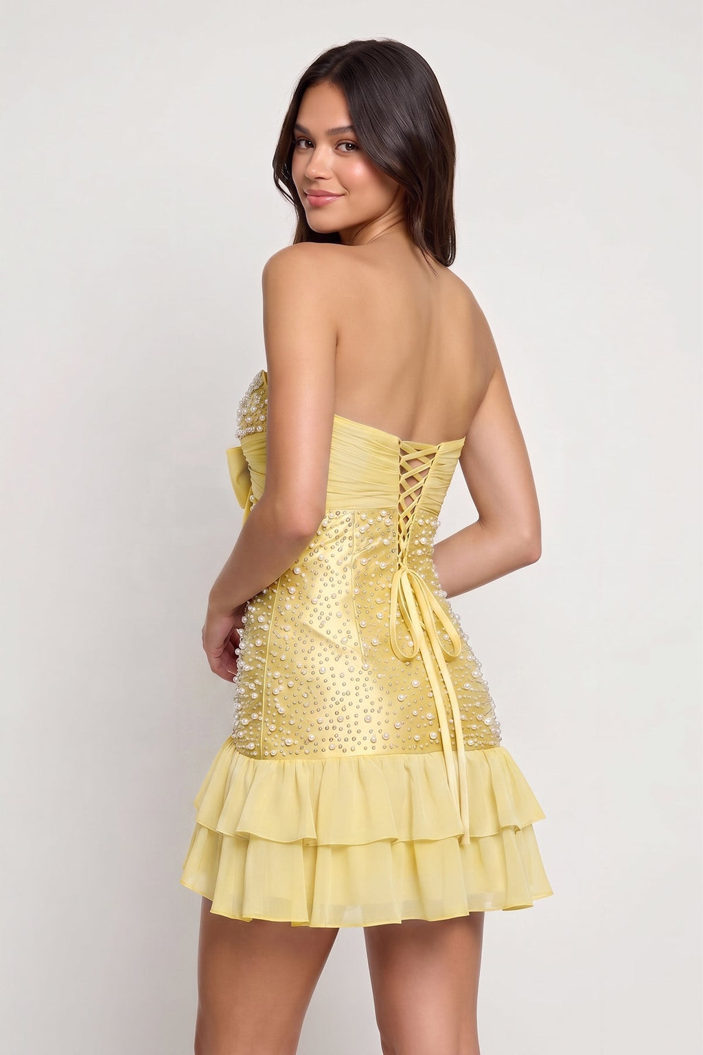 Blue Strapless Metallic Satin Ruffled A-Line Homecoming Dress With Pearl and Bow
