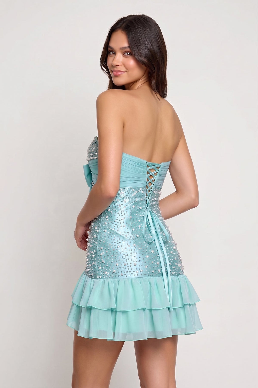 Blue Strapless Metallic Satin Ruffled A-Line Homecoming Dress With Pearl and Bow