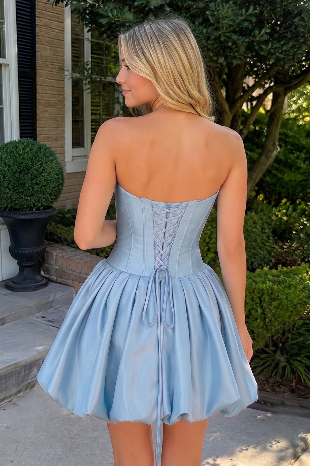 Hot Pink Strapless Satin A-Line Ruched Corset Homecoming Dress with Beading