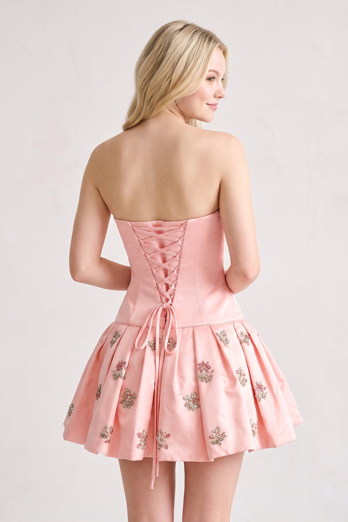 Blush Strapless A-Line Ruched Satin Appliqued Homecoming Dress